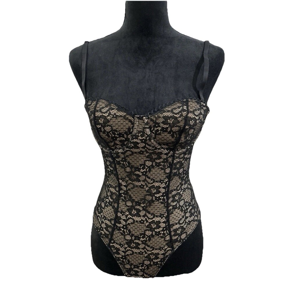 Lulus Black Lace Bustier Bodysuit Size S Underwire Padded Cups Adjustable Strap